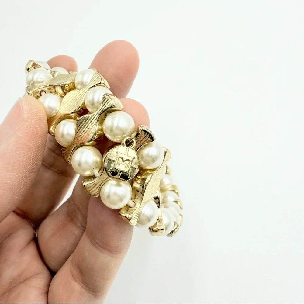 Monet Gold Tone Rhinestones Faux Pearl Stretch Bracelet
